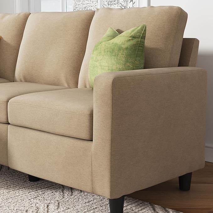 HONBAY L Shaped Couch with Linen Fabric,Convertible, Reversible Sectional Sofa for Small Space, Dark Beige