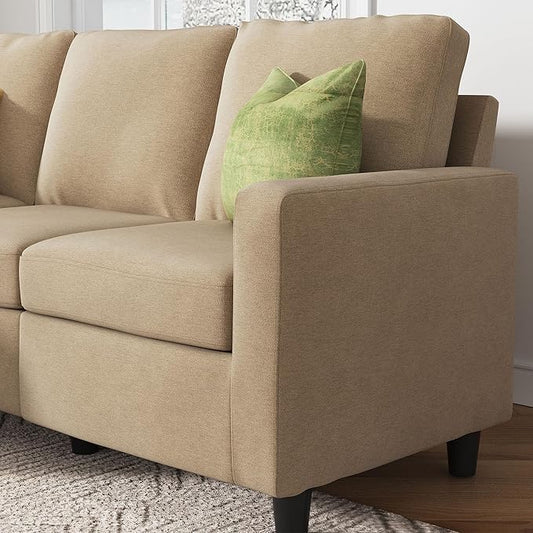 HONBAY L Shaped Couch with Linen Fabric,Convertible, Reversible Sectional Sofa for Small Space, Dark Beige