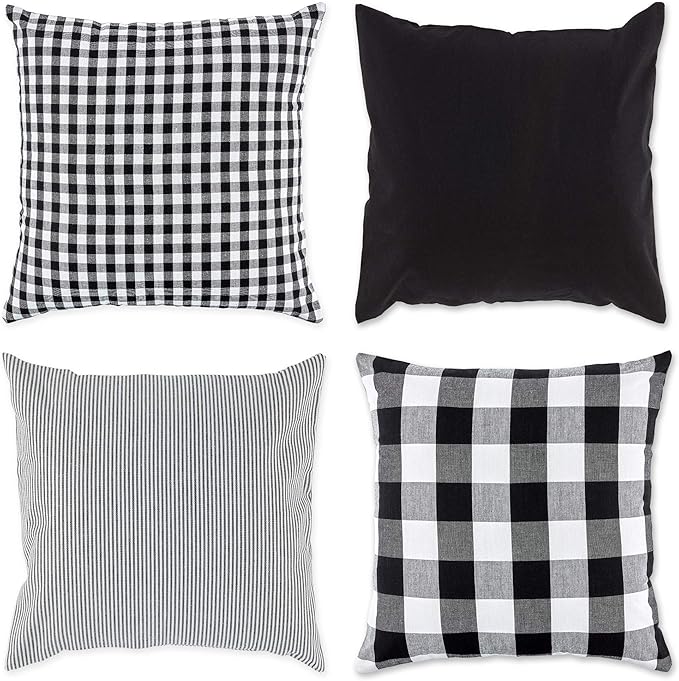 DII Decorative Square Throw Pillow Cover Collection Cotton, Machine Washable, Hidden Zipper, 18x18, Black Assorted, 4 Piece
