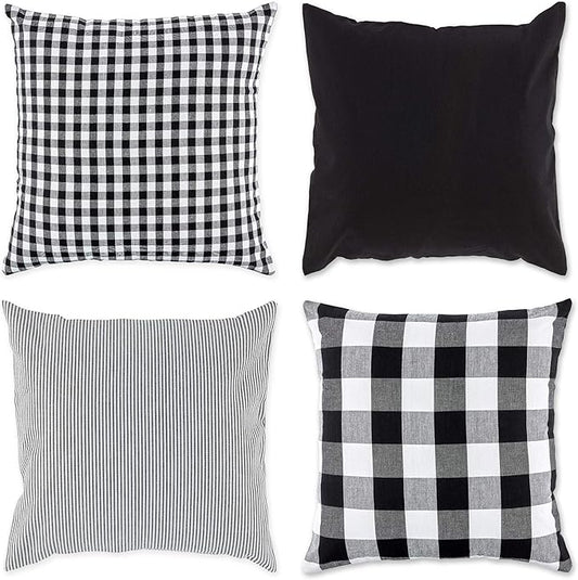 DII Decorative Square Throw Pillow Cover Collection Cotton, Machine Washable, Hidden Zipper, 18x18, Black Assorted, 4 Piece