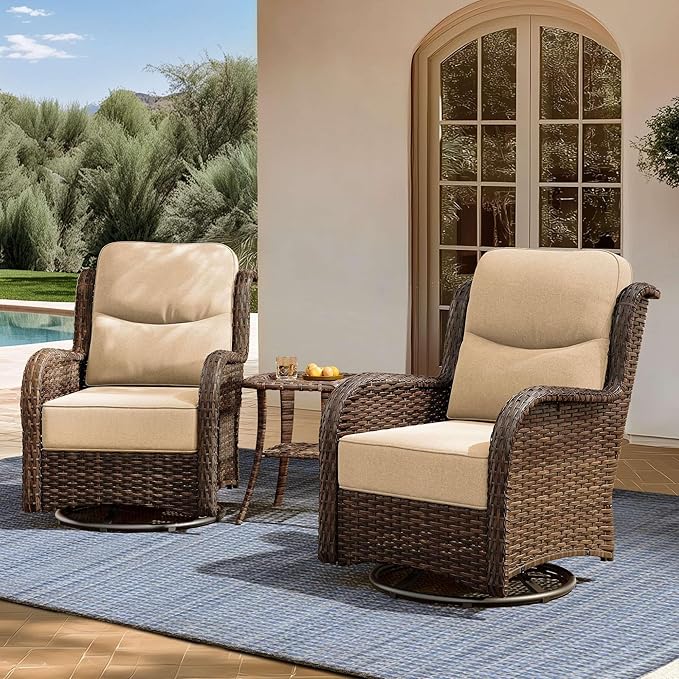 High Back Outdoor Furniture with Extra Thick Cushion Patio Swivel Rocking Chairs, 3PCS Oversized Comfort Wicker Conversation Set for Porch, Deck, Yard in Beige