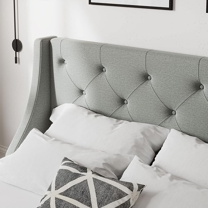 Allewie Full Size Bed Frame with 4 Storage Drawers and Wingback Headboard, Button Tufted Design, No Box Spring Needed, Light Grey