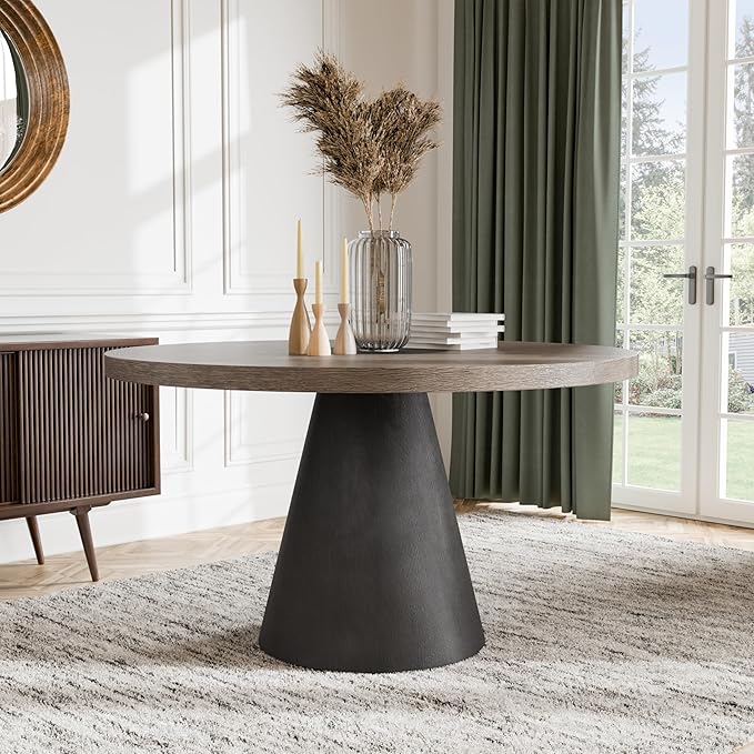 Furniture of America Demi Modern Solid Wood 54-inch Round Dining Table with Cone-Shaped Pedestal Base, Two-Tone Design, Seats up to 4, for Home Kitchen, Living Room, Dinettes, Rustic Oak/Dark Walnut