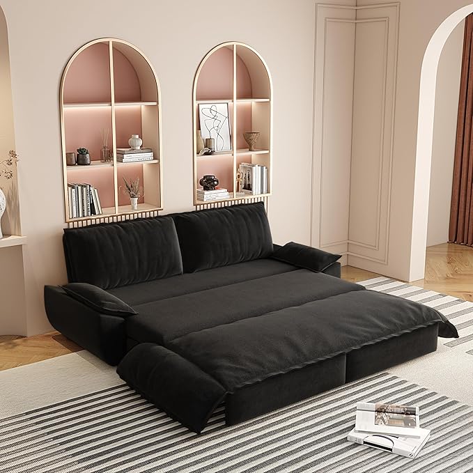 Ball & Cast 70.1" Convertible Sofa Bed,3-in-1 Pull Out Couch with Side Pockets,Multi-Functional Velvet Loveseat for Living Room,Bedroom,Apartment,Office,Black