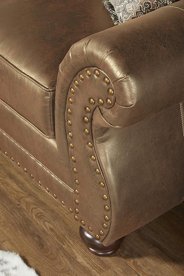 Leinster Faux Leather Loveseat with Antique Bronze Nailheads in Jetson Ginger