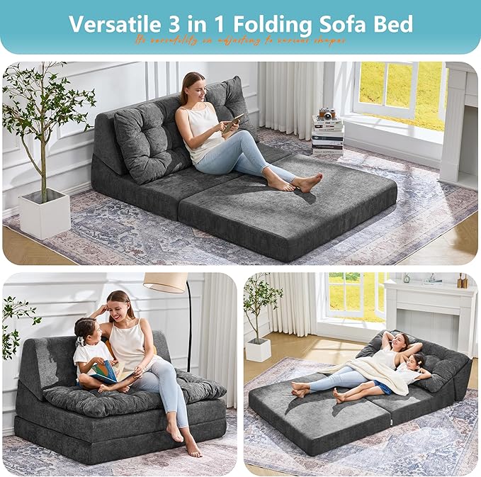 Hobestluk Sofa Couch Folding Sofa Bed Sleeper Comfy Floor Lounger Loveseat Sofa with Removable Cushion Couches Foldable Mattress for Living Room Bedroom or Office (Chenille Grey, Oversize)