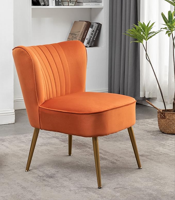 Modern Velvet Accent Chair for Living Room, Bedroom, or Entryway, Stylish and Comfortable Armless Design with Metal Legs, Orange Red