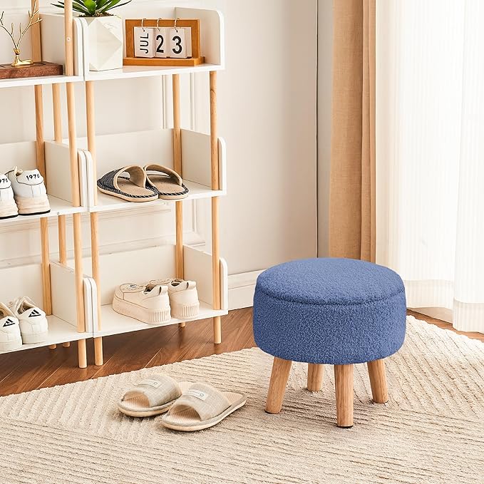 Poofzy Small Ottoman with Storage, Small Foot Stool Ottoman with Wood Legs, Sherpa Foot Rest for Couch, Living Room and Bedroom - Navy Blue