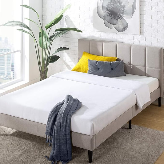 ZINUS Lottie Upholstered Platform Bed Frame with Short Headboard, Mattress Foundation, Wood Slat Support, No Box Spring Needed, Easy Assembly, Beige, Full