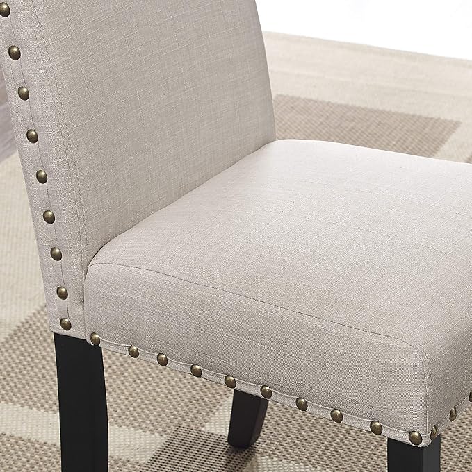 Roundhill Furniture Biony Tan Fabric Dining Chairs with Nailhead Trim, Set of 2 & Height Stools with Nailhead Trim, Set of 2