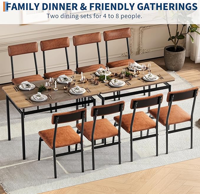 Garvee Dining Table Set for 4, 5 Piece Wooden Dining Table and Chairs, 4 PU Upholstered Chair, Modern Metal Frame Dinette Set for Dining Room, Home Dinner, Party, Apartment, Brown
