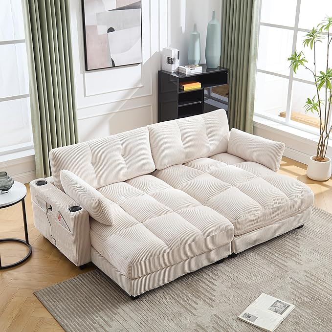 ERYE Oversized Loveseat Sectional Double Lounge Chaise Convertible Sleeper Sofabed, Corduroy Sleeper Loveseat Daybed Indoor Recliner Chair Sofa Bed W/Cupholders & Adjustable Headrests for Living Room