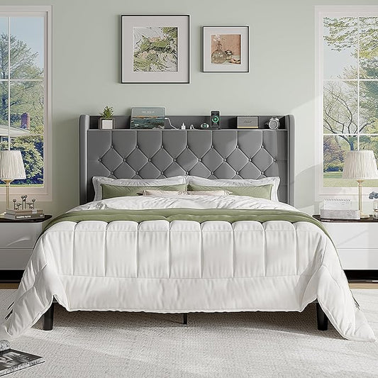 SHA CERLIN Queen Size Platform Bed Frame with Charging Station, Velvet Wingback Headboard with Storage Shelf, Wooden Slats Support, Ample Under-Bed Space, No Box Spring Needed, Easy Assembly, Grey