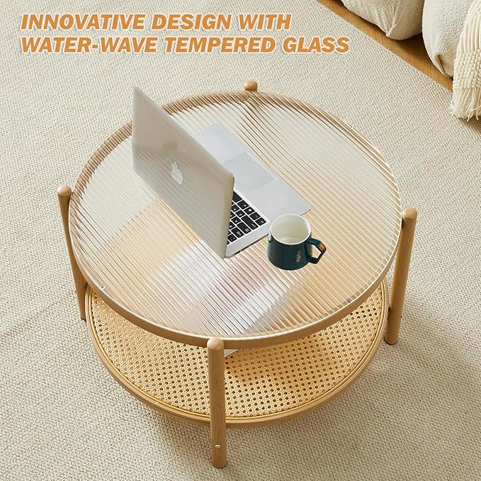 Boho Rattan Coffee Table Set of 2, Round Glass Living Room Table Set, Modern Simple 2 Tier Middle Center Table for Small Space Living Room Bedroom Office Meeting Room