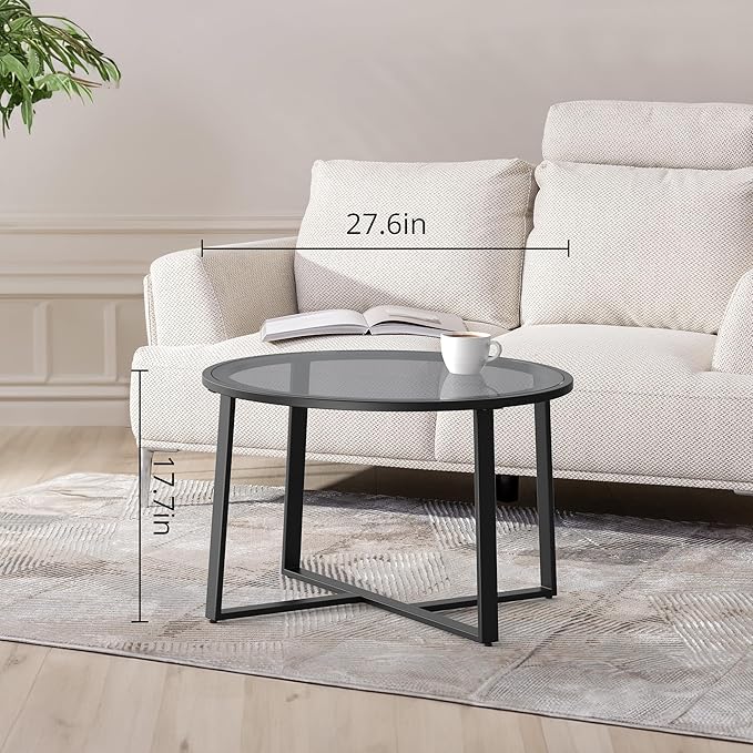 Evajoy Coffee Table, 27.6" Round Coffee Table with Tempered Glass Surface, Center Table for Living Room, Dining Room, Tea, Home Décor,Black