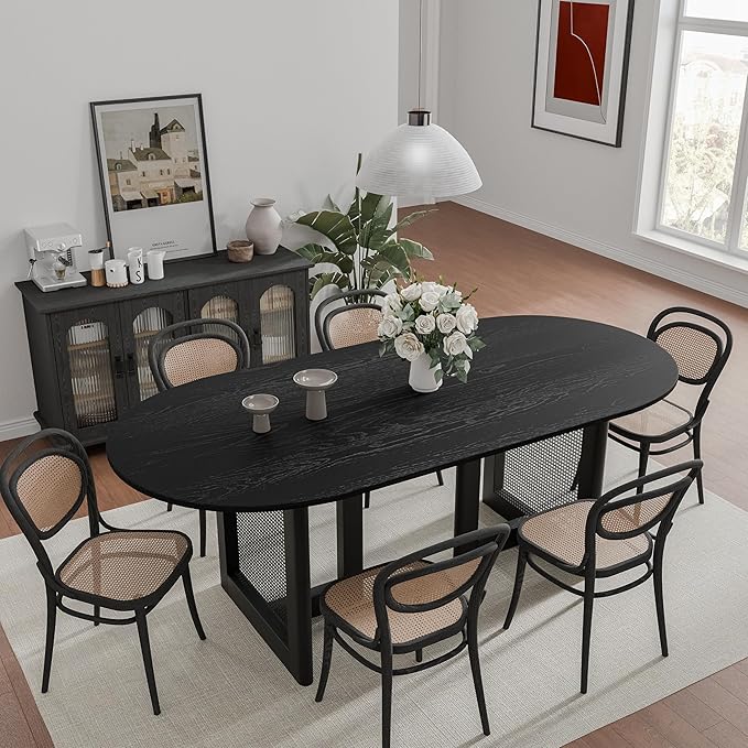 Casaphoria 67" Dining Table for 6, Wood Kitchen Table with Scratch-Resistant Top & Rattan Base, Modern Farmhouse Oval Dining Table for Living Room, Kitchen, Easy Assembly, Black