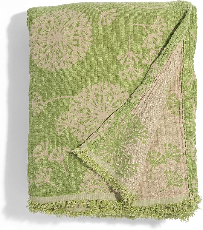 InfuseZen Turkish Blanket with Dandelion Flower Print – Muslin Weave Reversible Throw Blanket – 100% Cotton - Breathable, Thin and Lightweight Gauze Throw Blanket – Large 92” x 65” (Olive/Beige)