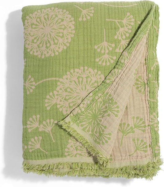 InfuseZen Turkish Blanket with Dandelion Flower Print – Muslin Weave Reversible Throw Blanket – 100% Cotton - Breathable, Thin and Lightweight Gauze Throw Blanket – Large 92” x 65” (Olive/Beige)