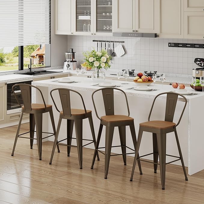 Andeworld Metal Bar Stools Set of 2, 26 inch Counter Height Barstools with Backs Farmhouse Modern High Back Bar Stools with Larger Seat Kitchen Dining Bar Chairs,Rusty