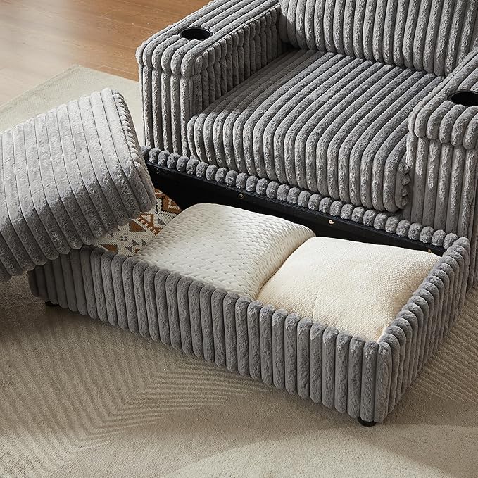 Corduroy Upholstered Modular Sectional Sofa Cloud Couch with Movable Ottoman, 84" Oversized Loveseat Convertible Sleeper Sofabed with 3 Cushion Backrest and Throw Pillows