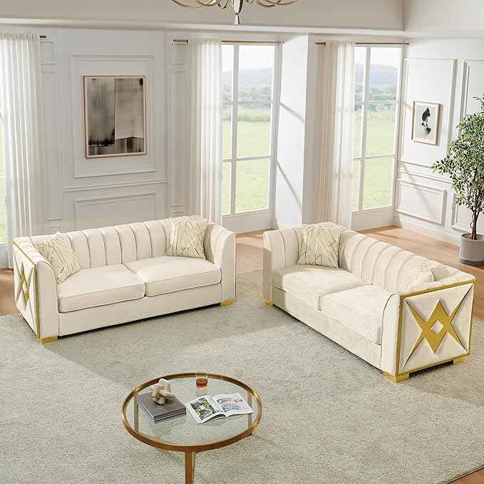 KEIKI 2-Piece Luxury Chesterfield Sofa Set with 2 Oversized Velvet 3-Seater Sofa, Upholstered Modern 6-Seater Button Tufted Couch Set with 4 Pillow, Gold Stainless Decoration, for Living Room, Beige