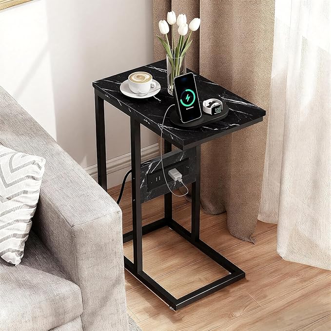 VECELO C-Shaped End Side Table with Charging Station & 2 USB Ports and Outlets for Living Room, Bedroom, with Adjustable Feet for Couch Sofa, Bedside, Small Spaces， Black Marble
