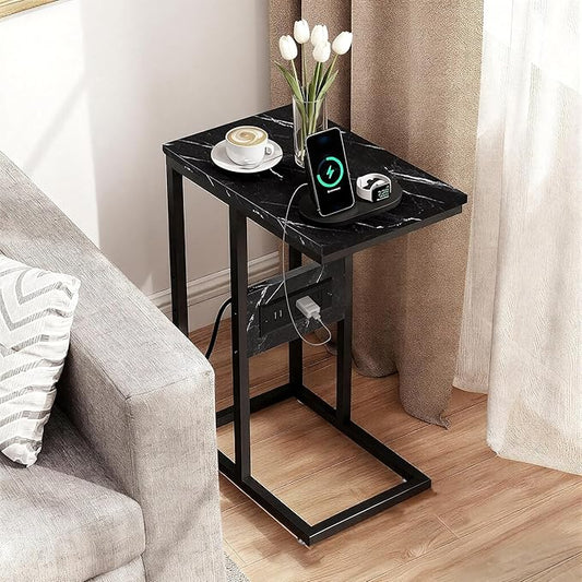 VECELO C-Shaped End Side Table Set of 2, with Charging Station & Two USB Ports and Outlets for Living Room, Bedroom, with Adjustable Feet for Couch/Sofa, Bedside, Small Spaces，Black Marble
