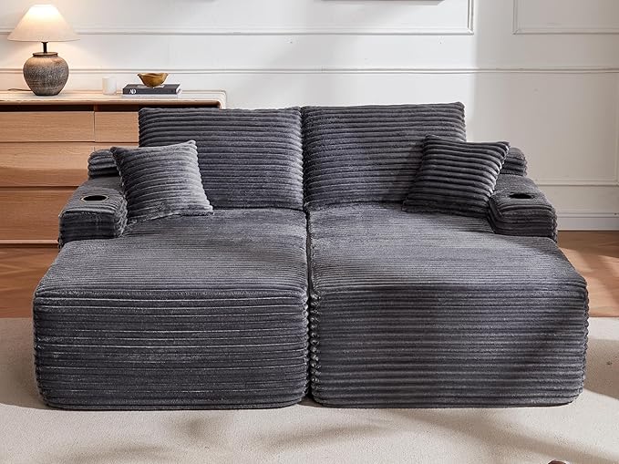 69-Inch Fluffy Corduroy Boneless Sleeper Daybed Loveseat Double Recliner Chaise Lounge Sofa Couches, Floor Cloud Sofa Chaise W/4 Pillows for Home Apartment Living Room