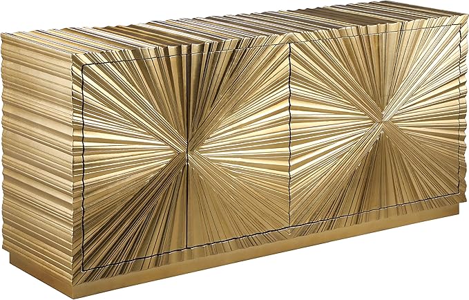 Meridian Furniture Golda Collection Modern | Contemporary Gold Leaf Sideboard/Buffet with Intricate Hand Carved Starburst Design, 66" W x 18" D x 31" H
