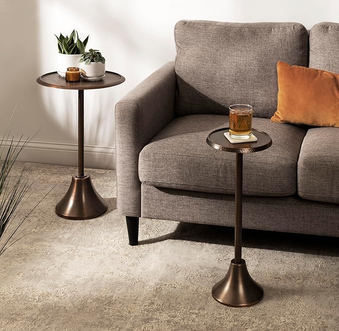 Kate and Laurel Sanzo Modern Pedestal Drink Table; 9 x 9 x 23; Bronze; Decorative End Table with Hammered Tabletop