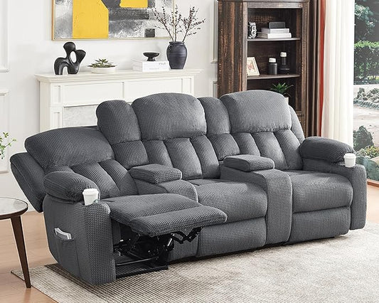 Jocisland Manual Recliner Couch, 3 Seater Reclining with Dual Console& Charging Socket, Reclining Sofa- Comfy Recliner with Cup Holders for Living Room(Grey)