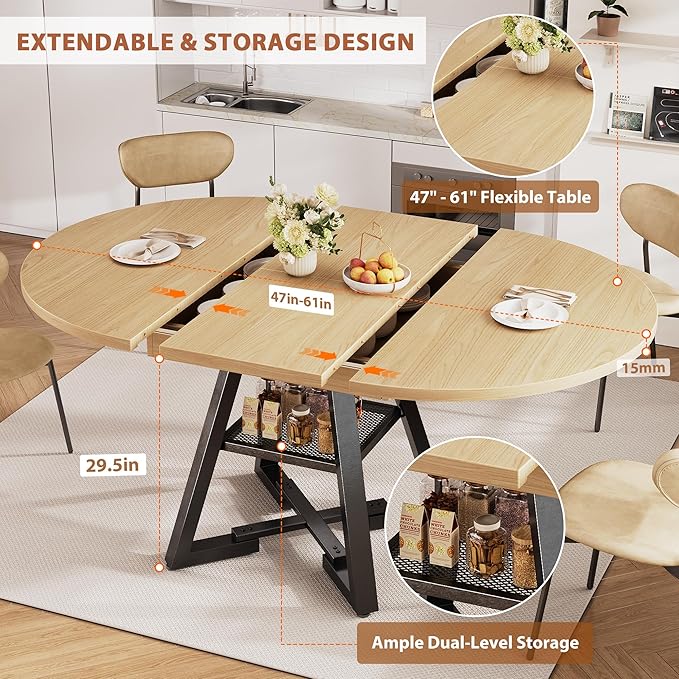 Round Dining Table Kitchen Dining Room Dinner Table for 4-6, Space Saving Extendable Oval Circle Furniture with Pedestal Base and Storage Shelf for Kitchen Living Room (Wood, for 6-8)