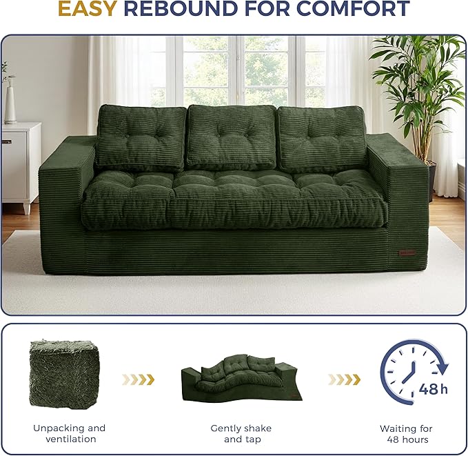 MAXYOYO Oversized Loveseat Sofa Couch, Upholstered Bean Bag Chair Cloud 3-Seat for Adults, Boneless Couch with Tufted Cushion & Pillows, Sofa in A Box, No Assembly Required, Dark Green