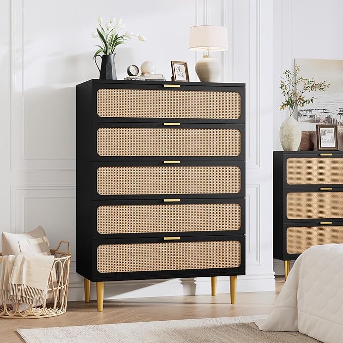 GarveeHome Rattan 5 Drawer Dressers for Bedroom, Tall Dresser with Deep Drawers, Large Chest of Drawers for Closet with Wide Top, Long Wooden Dresser for Living Room, Hallway, Kids Room, Black