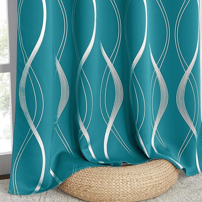 NICETOWN Room Darkening Curtains for Bedroom, Peacock Teal, 2 Panels, 52 x 84 inch, Noise Reducing Thermal Insulated Wave Line Foil Print Design Blackout Curtains for Storage Office Work Area