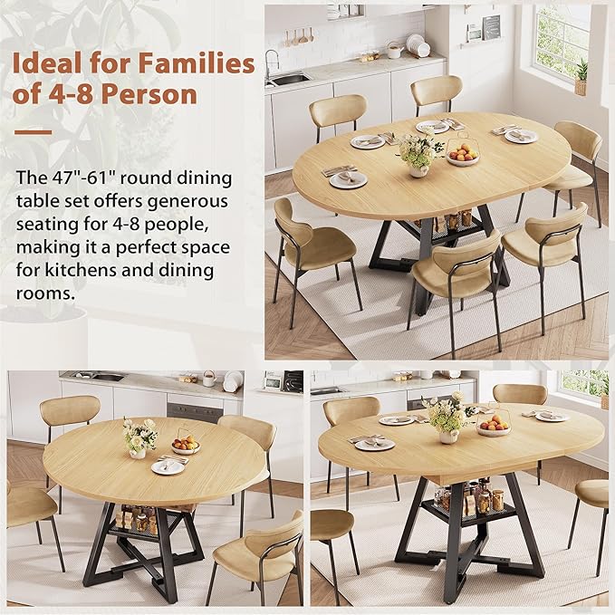 Round Dining Table Kitchen Dining Room Dinner Table for 4-6, Space Saving Extendable Oval Circle Furniture with Pedestal Base and Storage Shelf for Kitchen Living Room (Wood, for 6-8)