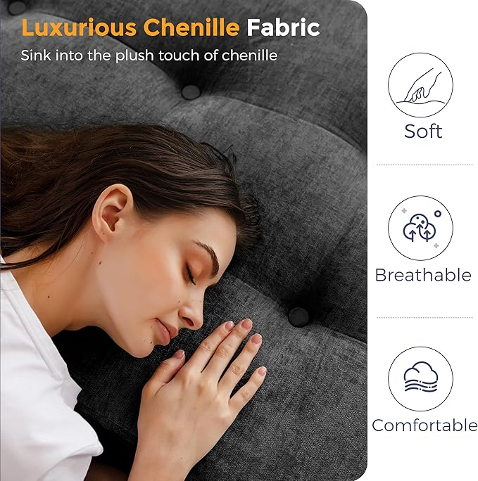 MAXYOYO Tri-Fold Mattress, 6 Inch Tufted Folding Mattress with Chenille Fabric, Portable Queen Size Floor Guest Mat for Adults, Foldable Topper for Camping, Dark Grey