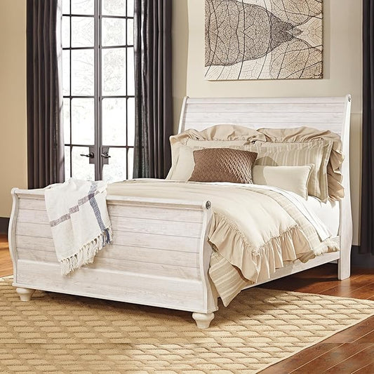 Signature Design by Ashley Willowton Vintage Queen Sleigh Bed with Metal Slats, Foundation or Box Spring Needed, Whitewash