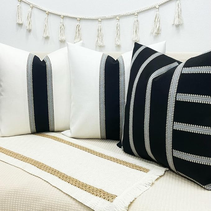 Slow Cow Pack of 2 Linen Decorative Off White and Black Patchwork Throw Pillow Covers Textured Cushion Covers for Couch Sofa Square 16 x 16 Inches
