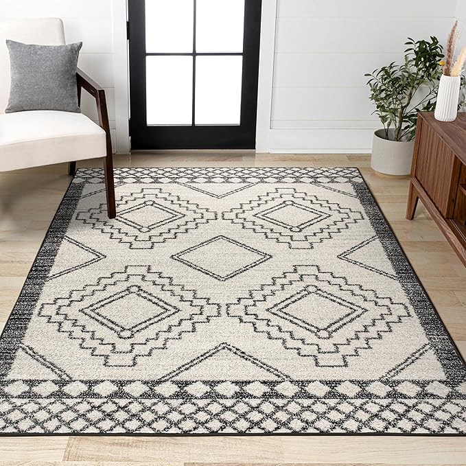 JONATHAN Y Amir Moroccan Beni Souk Cream/Black Indoor Area Rug, 5x8, Bohemian, Scandinavian, Easy-Cleaning for Living Room, Bedroom, Kitchen, Pet Friendly, Non-Shedding (MOH200A-5)