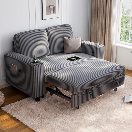 LINSY HOME Sectional Sleeper Sofa Pull Out Couches for Living Room (Grey, Pull Out Couch) | Pull Out Sofa Bed, Storage, USB Charging, Cup Holders, Plush Corduroy | Pull Out Sofa Bed, Storage, USB Charging, Cup Holders, Plush Corduroy