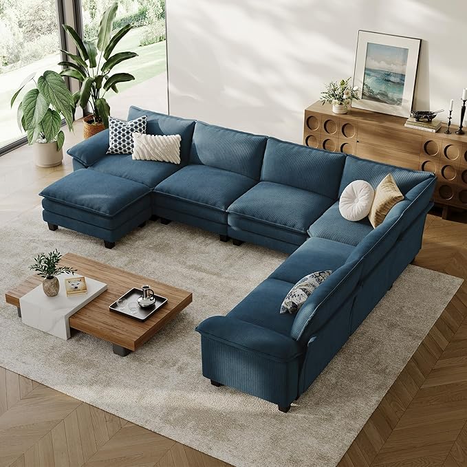 LINSY HOME Modular Sectional Sofa Couch Corduroy Cloud Couches for Living Room, U-Shaped Cloud Couch Sectional Sofas for Bedroom and Apartment, Blue