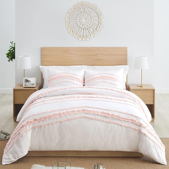 Sweet Jojo Designs 3-Piece Queen Comforter Set (Pink Cotton Boho Bohemian) for Girls, Teen, Kids Full Size Bedding, Bed in a Bag incl. Blanket & Pillow Sham (Blush, Farmhouse, Shabby Chic, Designer)