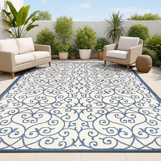 JONATHAN Y Vintage Filigree Indoor Outdoor Area Rug 9X12 Navy/Beige, Madrid Textured Weave for Backyard, Patio, Porch, Easy-Cleaning, High Traffic, Pet-Friendly, Non-Shedding (SMB107G-9)