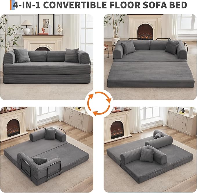 GarveeHome 79" Convertible Sleeper Sofa Bed Couch, 4-in-1 Boneless Corduroy Folding Sofa Bed with Pillow & Fixed-Shape, Floor Mattress Couch Loveseat for Living Room Apartments - No Assembly, Gray