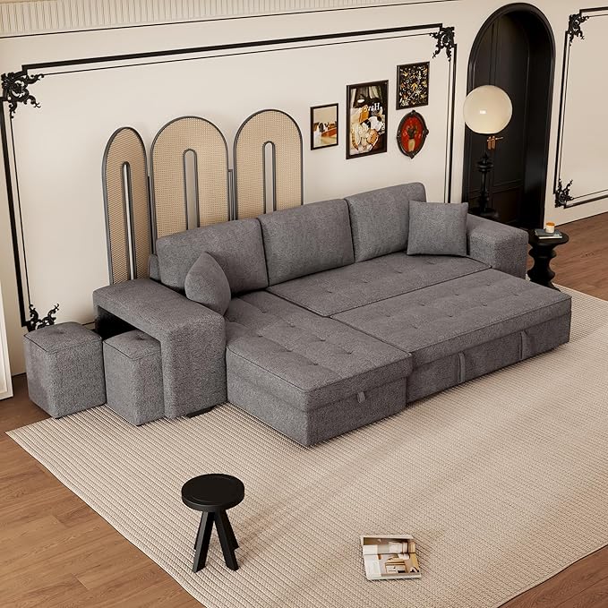 Merax Pull Out Sleeper Sofa with Storage Chaise and 2 Stools for Living Room, Modern L-Shape 3 Seat Reversible Sectional Couch