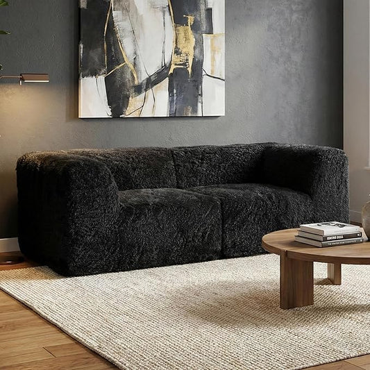 Furniture of America Havyn Modern Faux Fur 2-Seater Modular Foam Loveseat with Curved Arms & Deep Seat, Compressed Couch in a Box, No Assembly Required, for Living Room and Office, Black