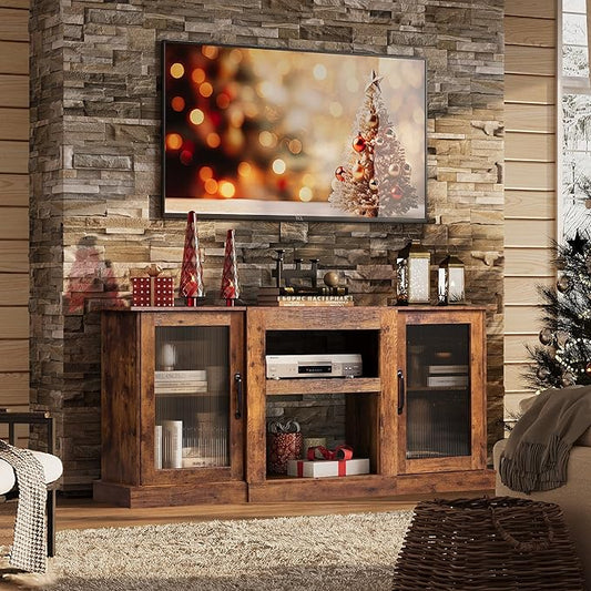 WLIVE Farmhouse TV Stand for 65 inch TV, 58" Entertainment Center with Storage Cabinets, Open Shelves TV Console for Living Room and Bedroom, Rustic Brown