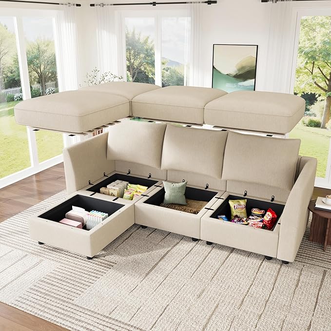 HONBAY Modular Sectional Sofa with Storage L Shaped Sectional Sofa, Convertible Couches for Living Room - Beige