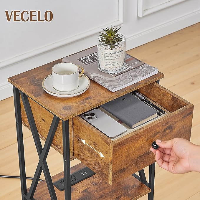 VECELO Nightstand Set of 2,End Tables with Charger Station,Bed Side Table with Open Shelf &USB Ports & Outlets,Small Dresser for Bedroom, Living Room,Rustic Brown